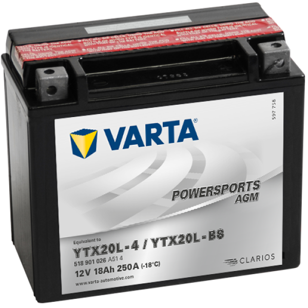 Varta YTX20L-BS 12V18AH Bakımsız AGM Motosiklet Aküsü